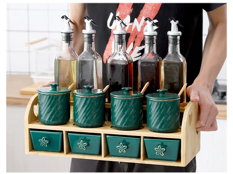 Latest Top Nordic Simple Emerald Ceramic Sugar Salt Seasoning Pot Glass Bottle Combination Set seasoning jars Sauce bottle
