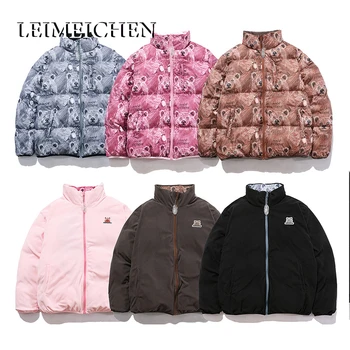 

Double Sided Down Jacket Cute Bear Embroidery Print Winter Jacket Men Warm Harajuku Zipper Parkas Coats Male Streetwear YDP826