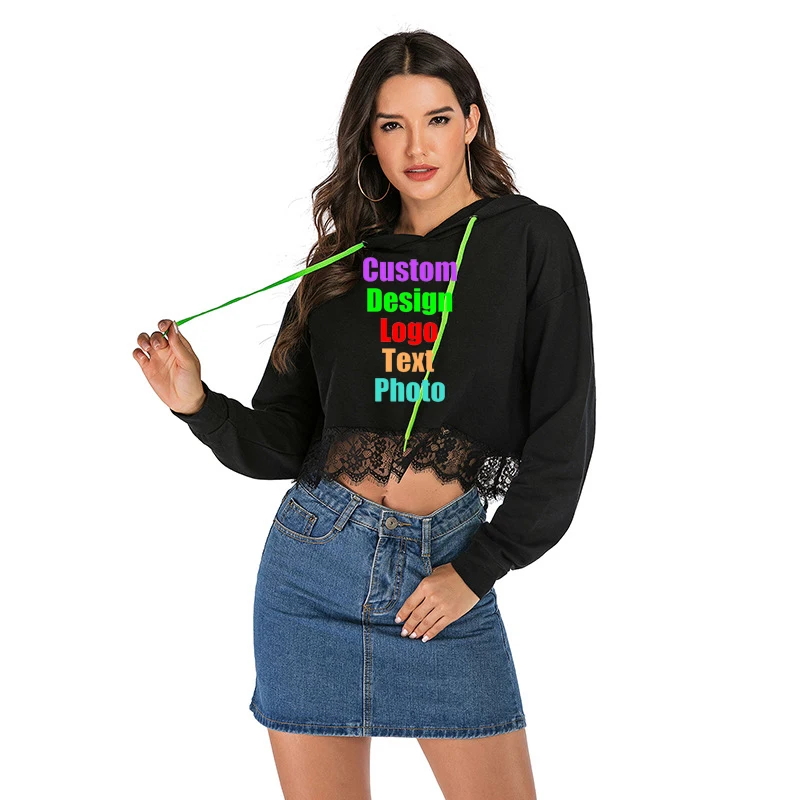 

Personalized customization Female Short Lace Stitching Hoodies Black Coat Hoodie for Woman Custom Logo Printed Customized Text