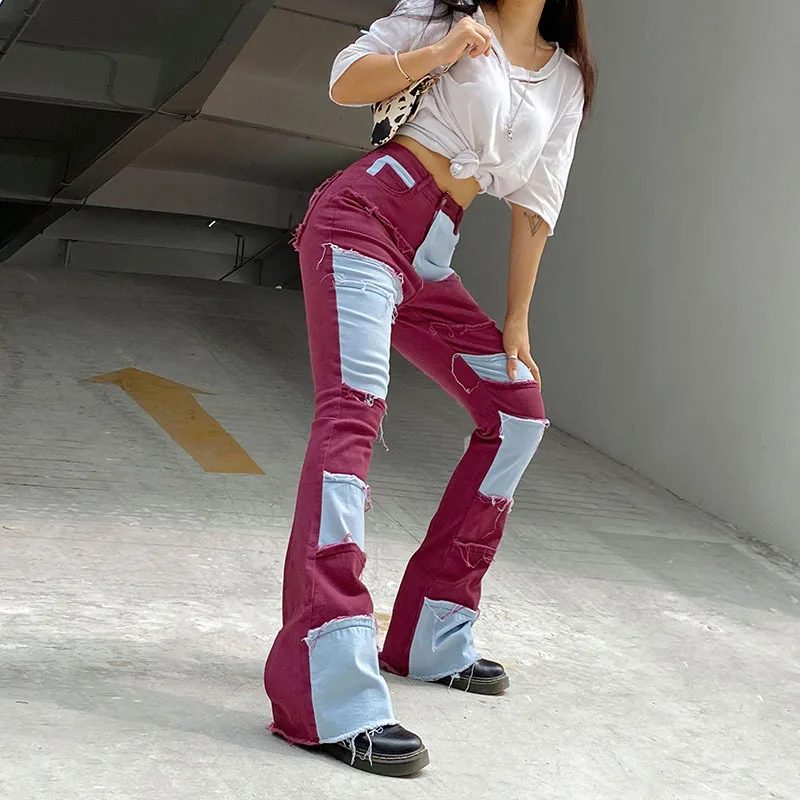 

Streetwear Contrast Color Block Patchwork High Waist Denim Pants Women Fashion Slim Jeans Women Straight Pants Joggers Casual