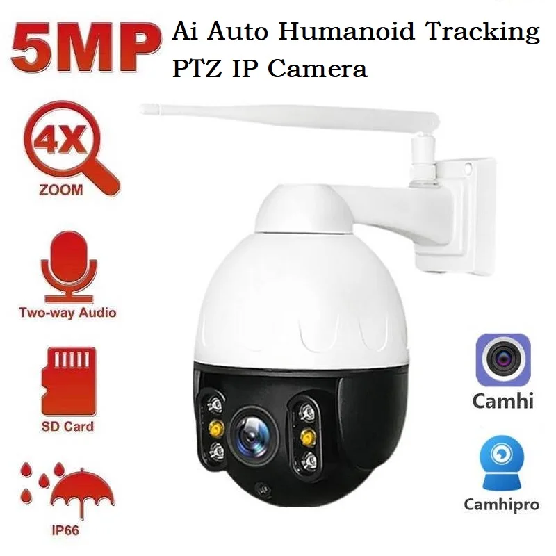 Wireless WiFi 5MP PTZ Dome Camera 4X Zoom 2mp Ai Auto Humanoid Tracking IP RTSP Full Color Camhi | Безопасность и защита