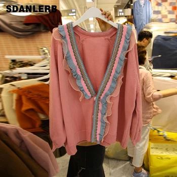 

Lace Stitching Cardigan Sweater Women 2019 Autumn New Korean Loose Ruffled V-neck Lazy Style Cardigan Mujer Students Coats