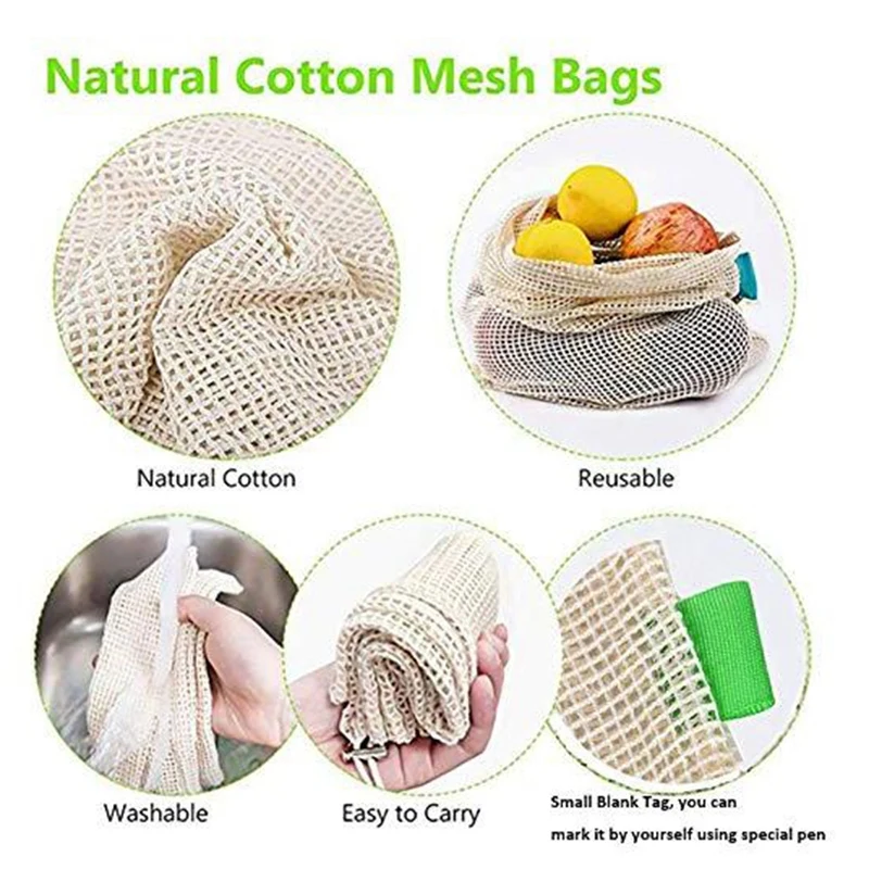 10 Pcs/Set Degradable Organic Cotton Mesh Bag Vegetable Cotton Mesh Bag Fruit Mesh Bag Reusable Bags