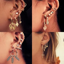 Винтажные трендовые золотые серьги из сплава со стразами, набор, простая карта мира, кактус, сердце, глаз, крест, Комплект сережек для женщин и девочек 1E913