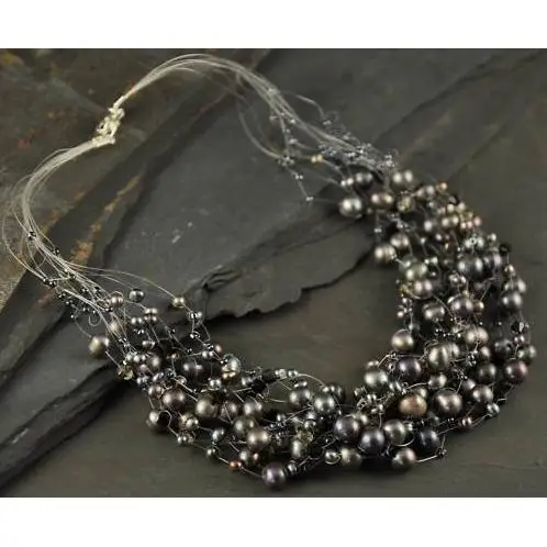 

New Arrival 100% Real Pearl Necklace 15 Strand Black Freshwater Pearl Illusion Necklace Handmade Fine Jewelry Women Gift