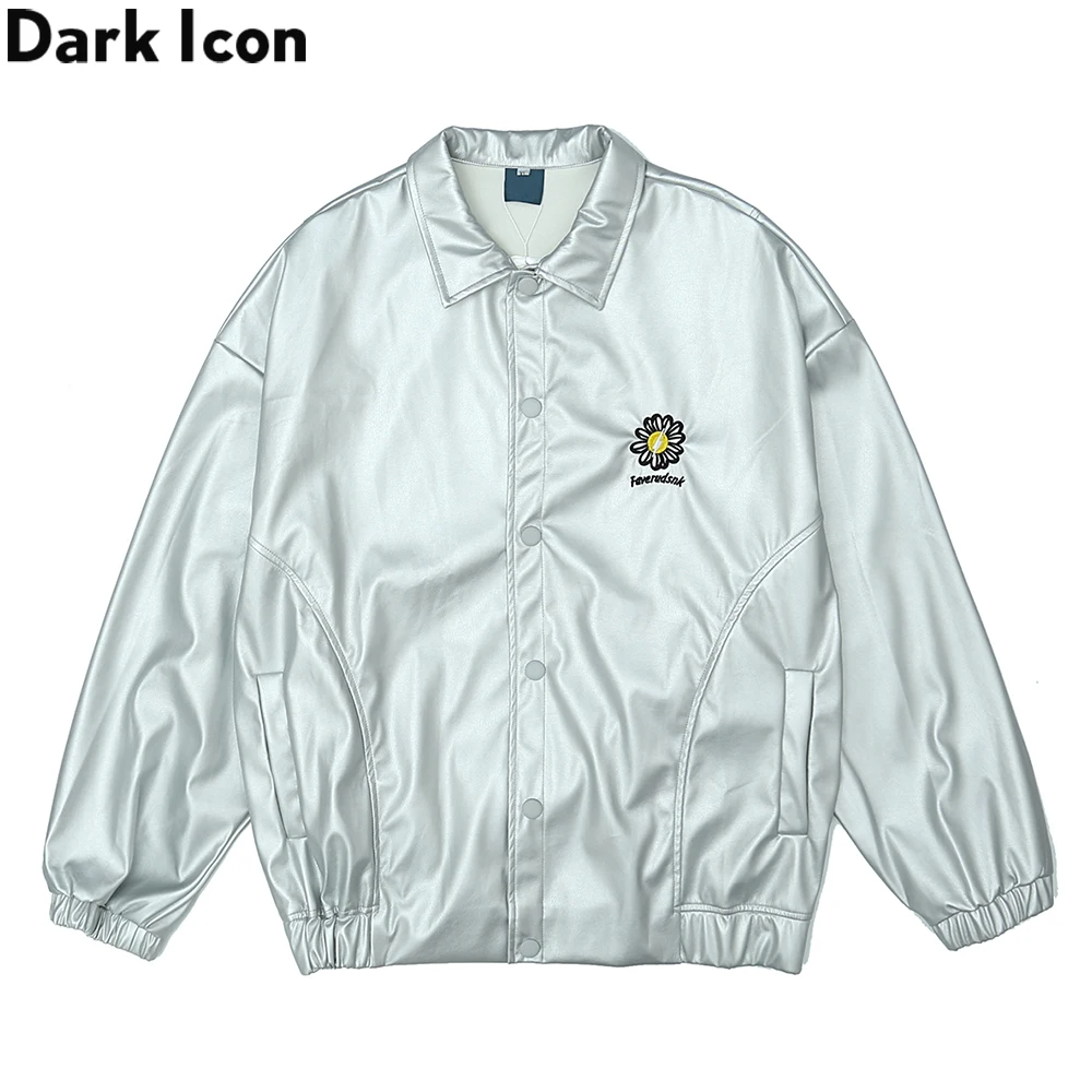 

Dark Icon Floral Embroidery Leather Jacket Men Turn-down Collar Men's Jackets Korean Style Jackets for Man