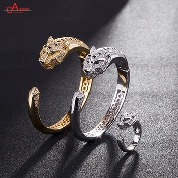 

Aladdin luxury leopard head bracelet Environmental copper zircon Classic animal design open rings Men's women's lovers' jewelry
