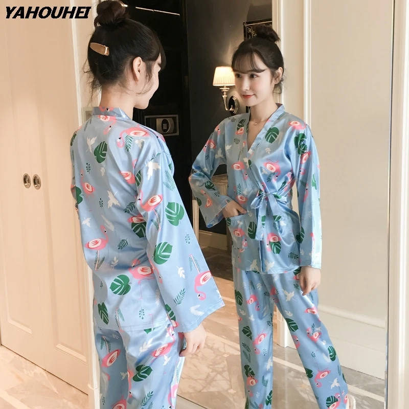 

Sweet Girls Silk Japanese Kimono Pajama Sets For Women 2020 Autumn Long Sleeve Pyjama Print Pijama Lounge Homewear Home Clothing