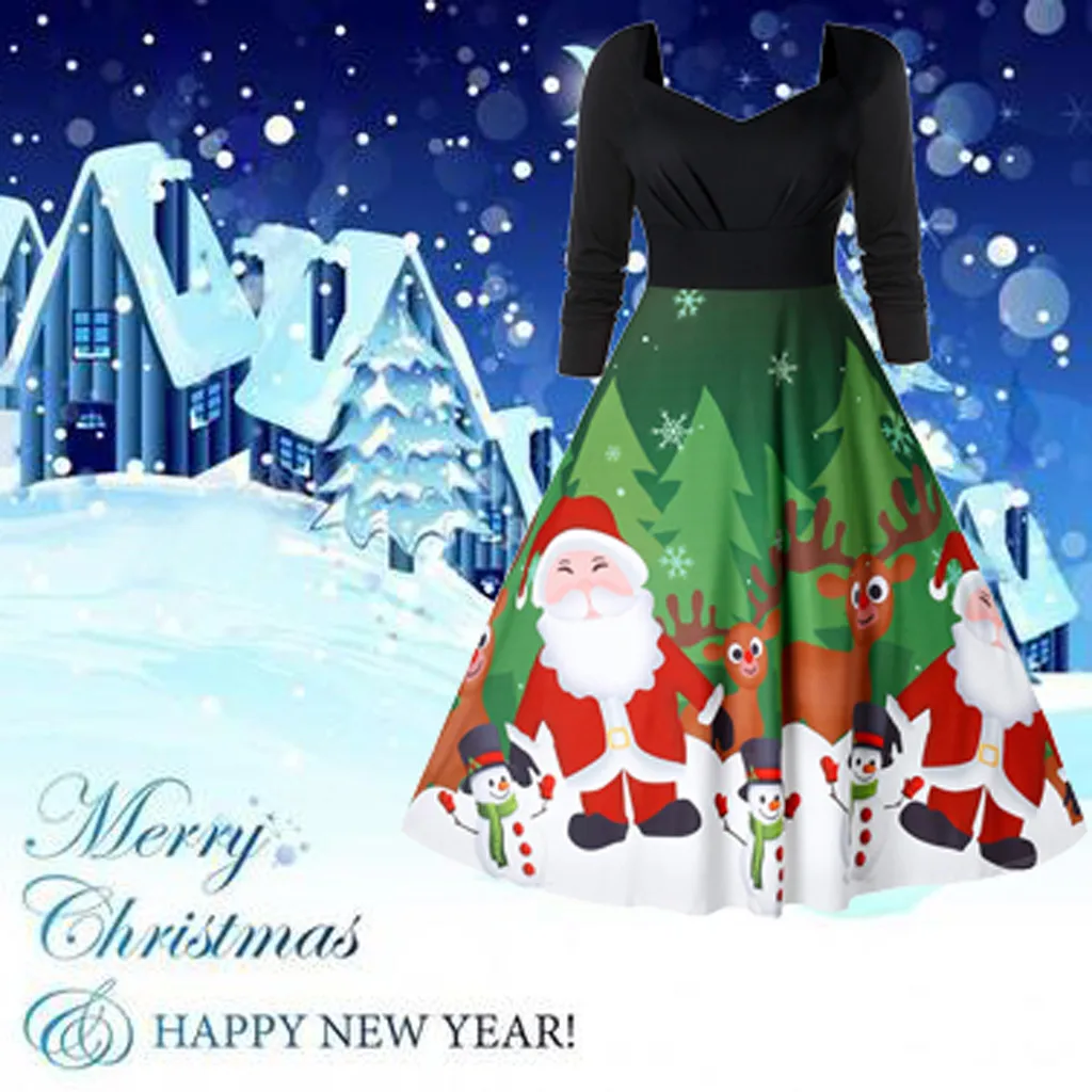 Модное рождественское женское платье с длинным рукавом, Рождественский принт музыкальных нот, винтажное расклешенное платье, женское платье, hiver# guahao
