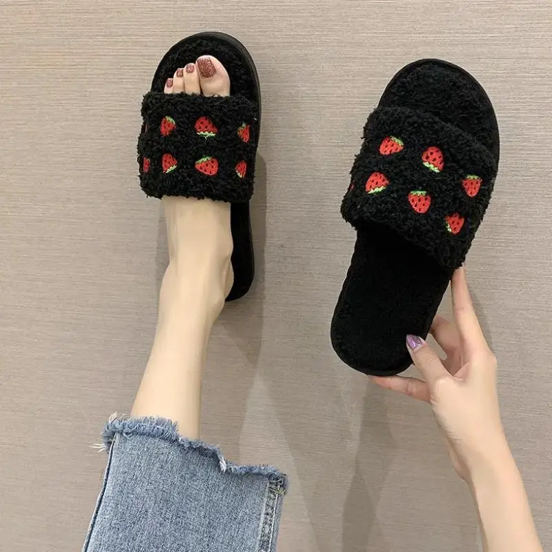 

Women Fur Slippers Winter Plush Warm Flat Indoor Shoes Female Fashion Soft Home Black White Pink Slides Women Fluffy Slippers