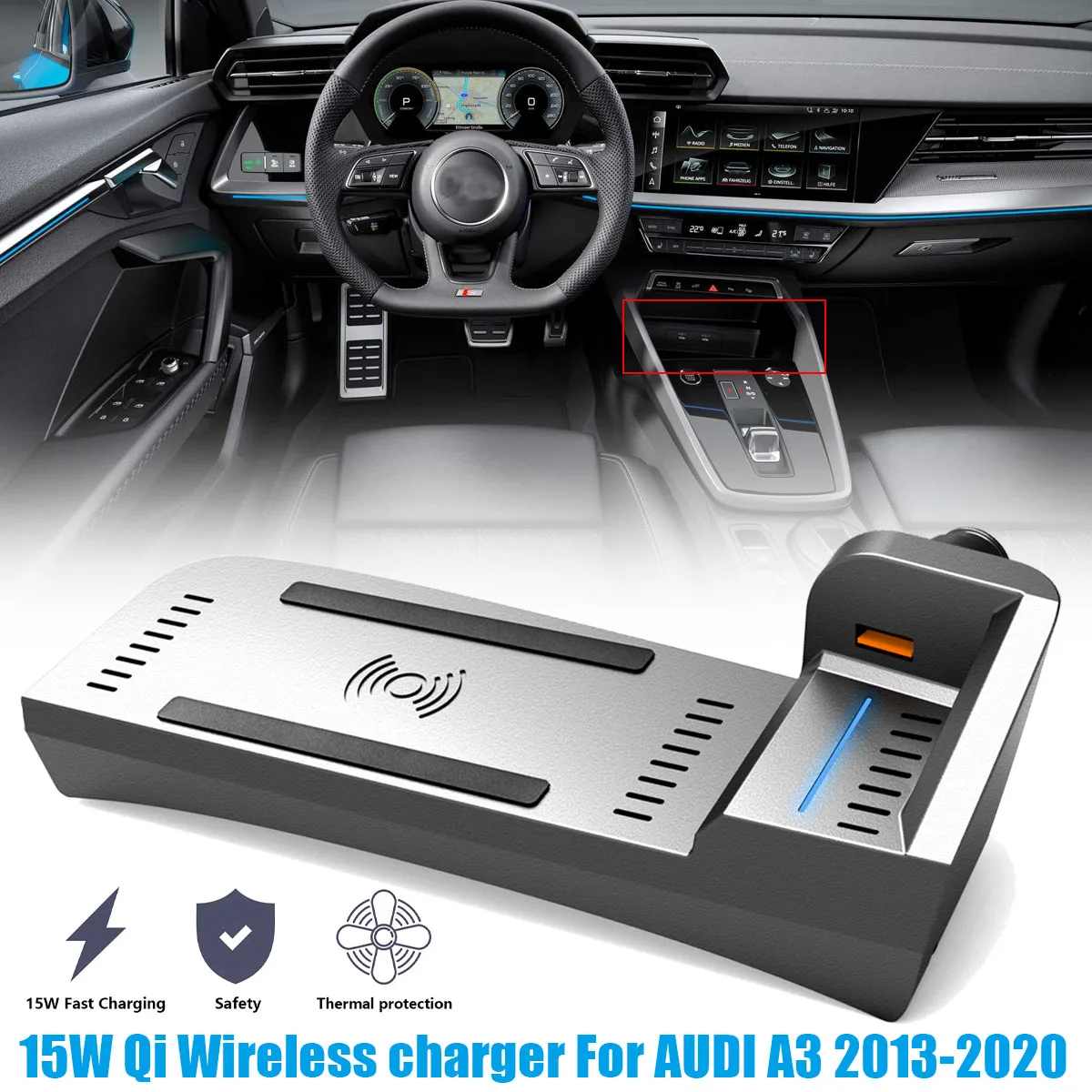 Car Wireless Charger 15W Qi For AUDI A3 2013-2020 Fast Phone Charging Plate Accessories Interior Modification | Автомобили и