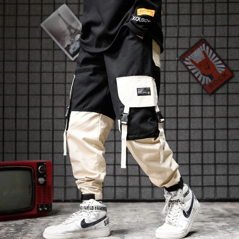 

Men autumn winter black red patchwork hip hop cargo pants Japan style man vintage multi pockets joggers punk casual sweatpants