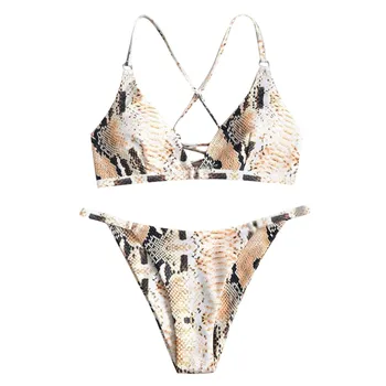 

Women Sexy Snakeskin Bikini Summer Swimwear Biquini Set Back Cross Backless Bathing Swimsuit Beachwear 2020 Brazilian Bikinis