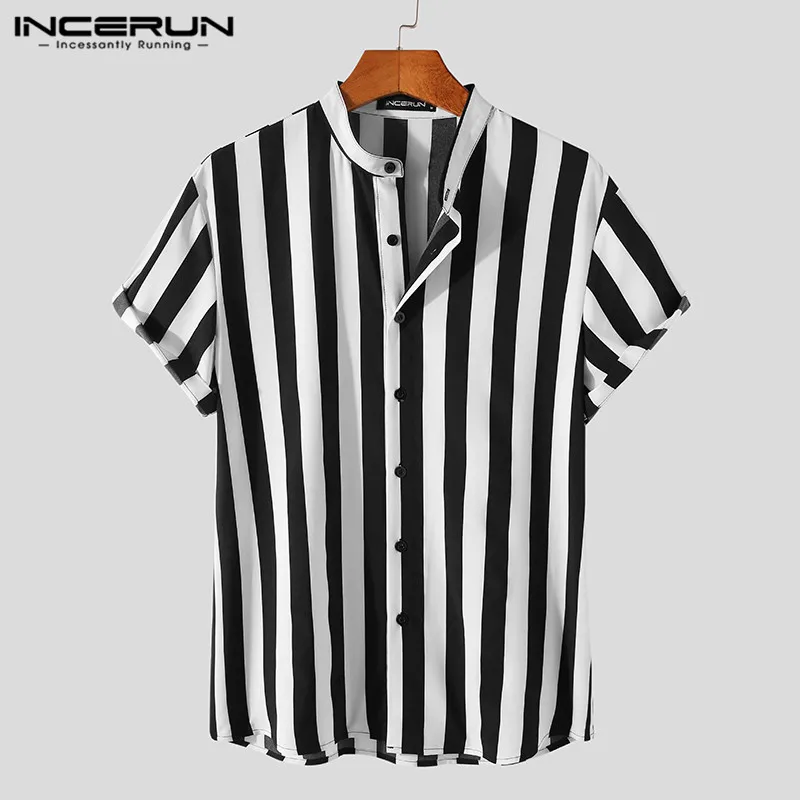 INCERUN Men Striped Shirt Stand Collar Short Sleeve Casual Men Clothing Harajuku Streetwear Summer Leisure Shirts S-5XL casual short sleeved shirt short sleeved shirt