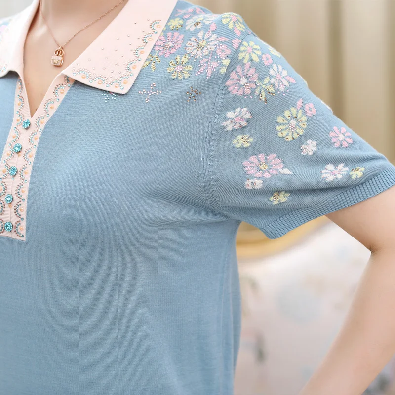 Рубашка поло для женщин среднего возраста, элегантная Цветочная вышивка с короткими рукавами, вязанный летний топ