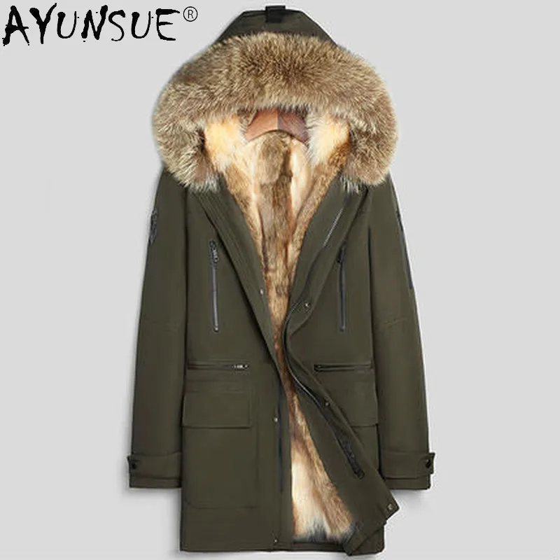 

2020 Men Jacket Winter Real Raccoon Fur Long Coat Male Hooded Clothes 100% Rex Rabbit Sleeve Shearling Parkas Ropa Hombre LXR346