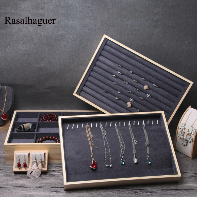 New Wooden Earrings Rangement Packaging Jewellery Display Deep Gray Suede Nap Necklace Ring Jewelry Tray Jewellery Box Organizer