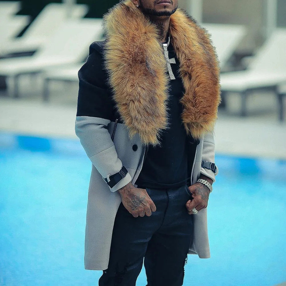 

Winter Wool Coat Men Overcoat Faux Fur Collar Warmness XXL Plus Size Men's Clothes Woolen Coats Gray Patchwork Fashion Casual