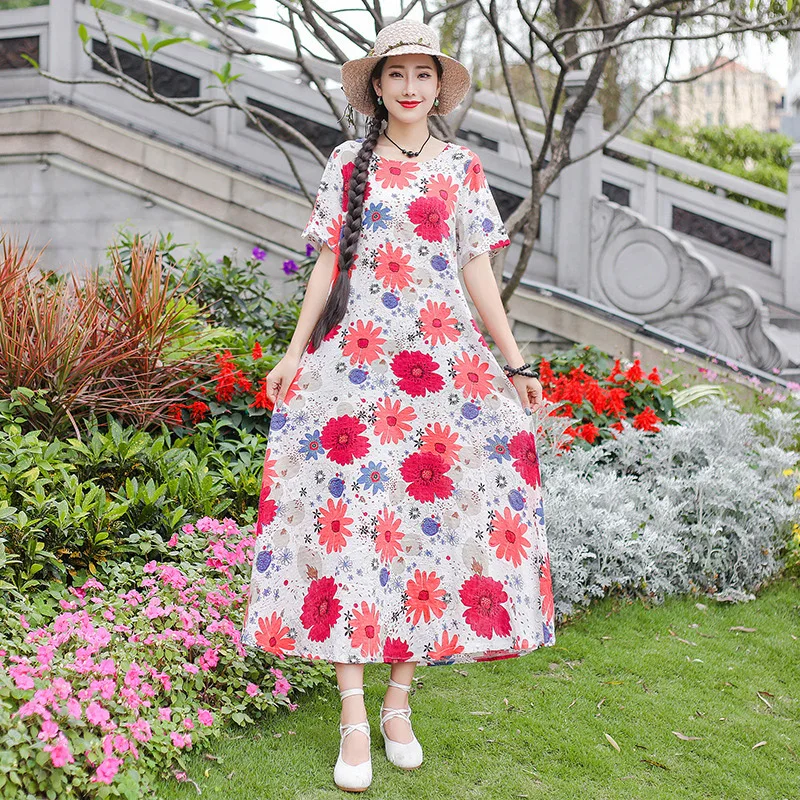 

2019 Summer New Style Cotton Linen Ethnic-Style Printed Loose-Fit Literature And Art Mid-length Crew Neck Short-sleeve Dress Wom