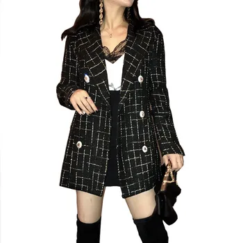 

Vintage Plaid Tweed Jacket Women New Spring Streetwear Double Breasted Notched Pocket Jackets Long Sleeve Wool Outerwear Casaco