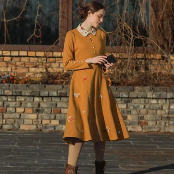 

Autumn Winter Original Design Women Mori Girls French Vintage Embroidery Knitted Dresses