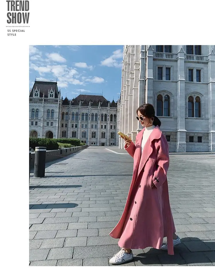 Красное шерстяное пальто для фотосессии, осень и зима, стиль, корейский стиль, свободная Длинная шерстяная куртка на шнуровке для женщин