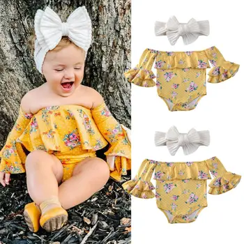 

Emmababy Baby Girl Floral Clothes Headband Spring New Off Shoulder Ruffle Long Flared Sleeve Romper Jumpsuit Sweet Outfit