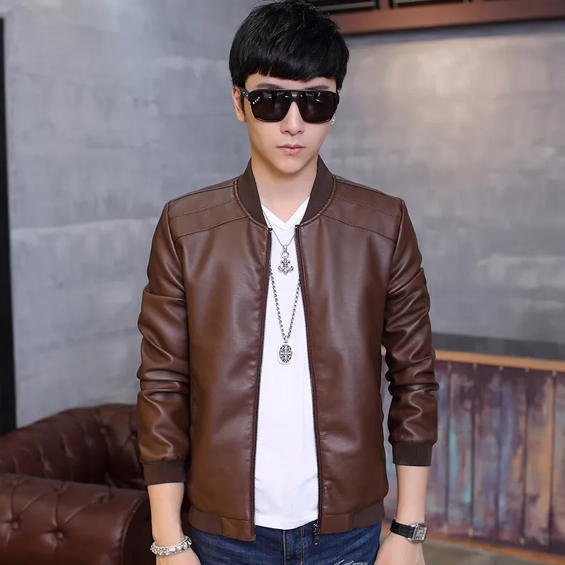 

New Style Men Casual Leather Coat Stand Collar Leather Jacket Coat Men's Locomotive Fashion Leather Coat Baseball Uniform