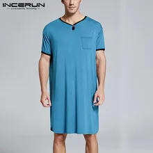 INCERUN Men Sleep Tops Short Sleeve Breathable Long Shirt Summer Loose Casual V Neck Men Sleepwear 2020 Homewear S-5XL
