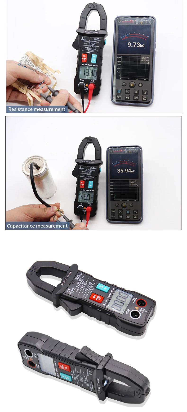 ZOYI ZT-5BQ Bluetooth Clamp Meter Multimeter Digital Current Pliers Amperometric Meter AC/DC Voltmeter Ammeter Auto Range Tester steel tape measure