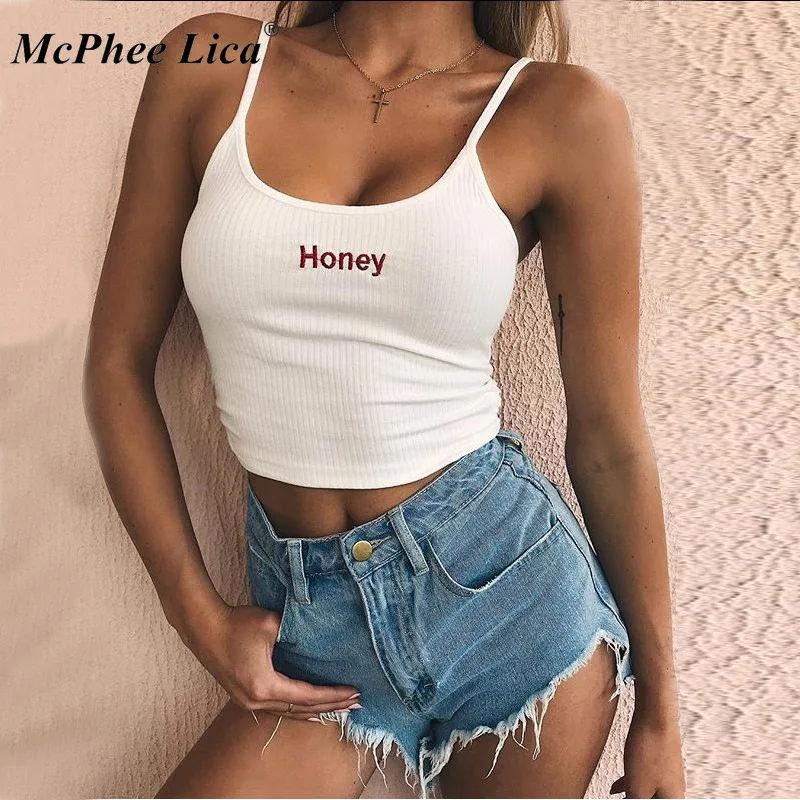 Женский топ на бретельках с надписью honey эластичной резинкой 2020|Майки| |