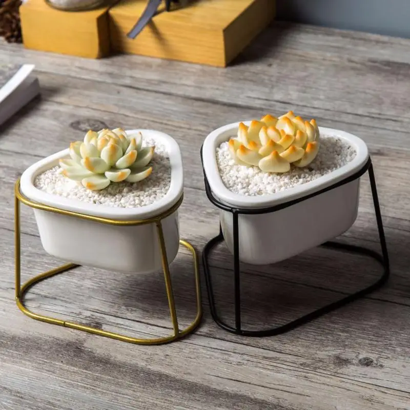 Nordic Hotel Office Metal Holder Ceramic Pot Decorative Desktop Planter Set Balcony Garden Indoor Ornament Geometric Home