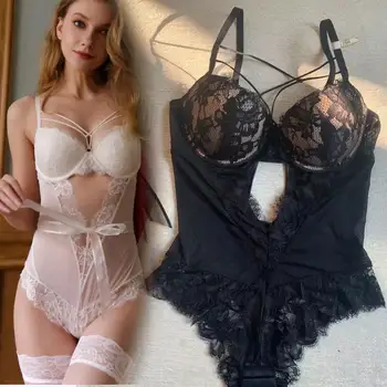 

Fashionable Thick and Thin Gathering Bra Set Sexy Bodysuit Transparent Lace Lingerie Underwire Push Up Home Wear Bralette
