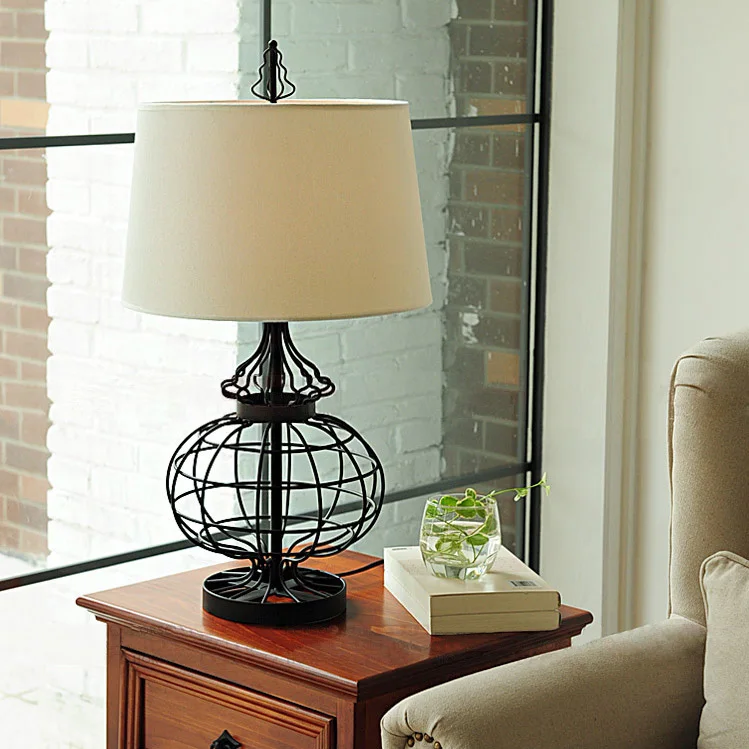 

north America black color Wrought Iron ball Art white cloth lampshade Table Lamp Bedroom E27 110-240V