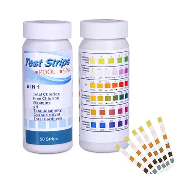 

50Pcs 6-In-1 Swimming Pool PH Test Paper Residual Chlorine PH Value Alkalinity Hardness Test Strip PH Tester Pool Cleaner Tools
