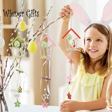 Happy Easter Party Decor Wooden Easter Bunny Egg Rabbit Pendant Craft DIY Hanging Ornament Home Decor for Kids Gift