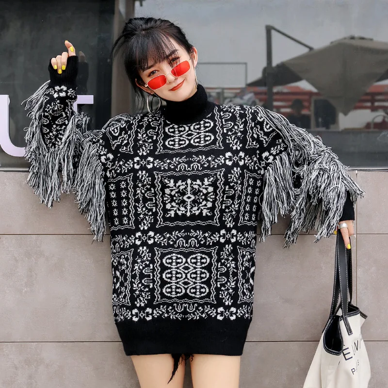[EWQ] 2022 Spring New Long Sleeve Tassel Loose Fashion Trend Women chic Pullovers Knitted Coat Wool Sweater female tide QK41401 | Женская