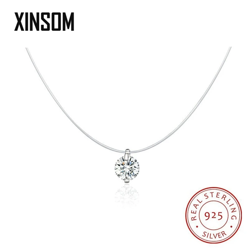 

XINSOM 925 Sterling Silver Necklace Invisible Chain Rhinestone Pendant Choker Necklace Transparent Fishing Line Collier 20XS1238