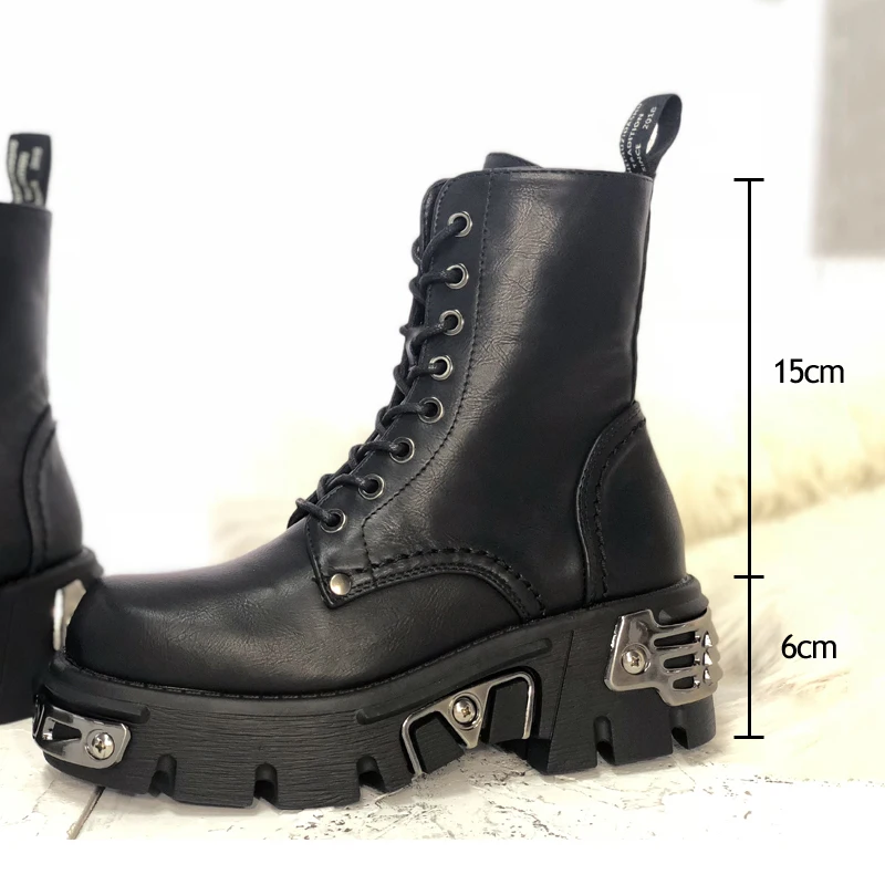 Punk Motorcycle Boots Black Leather Ankle Boots for Women Ins Street Style Lace up Platform Women Martin Boots Winter Shoes