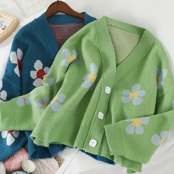 

HWLZLTZHT Korea Style Flower Knit Cardigans Sweater Women V Neck Loose elegaht Thicked Pull Femme Print Short Casual Coat