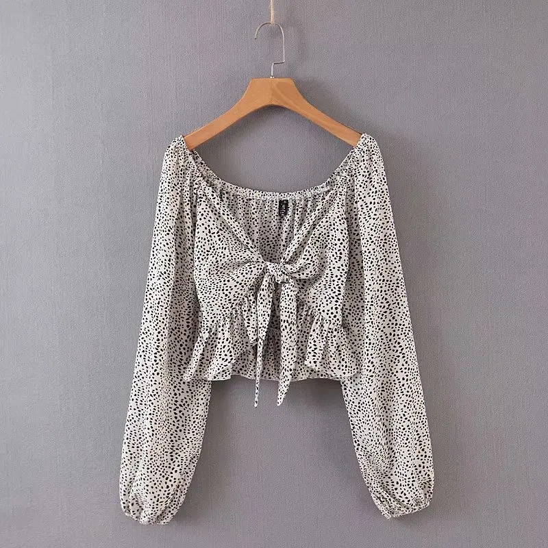 

Holiday Style Women Deep V Neck Bowknot Printed Shirt 2019 Autumn Leisure Lady Long Sleeves Blouse Short Tops S6236