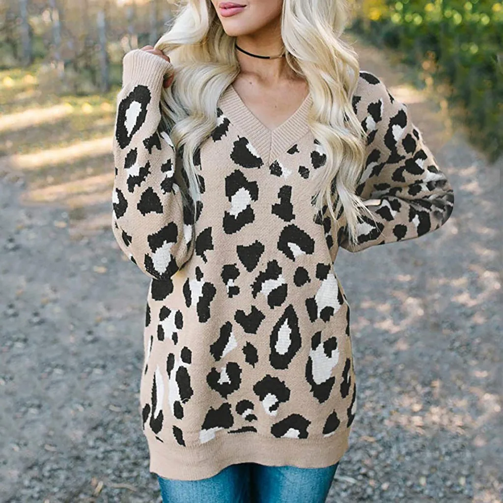 Jaycosin Fashion Casual Lady Leopard Sweater Chic Stylish Comfortable Soft Elegant Loose V-Neck Fit Tops Blouse sweater