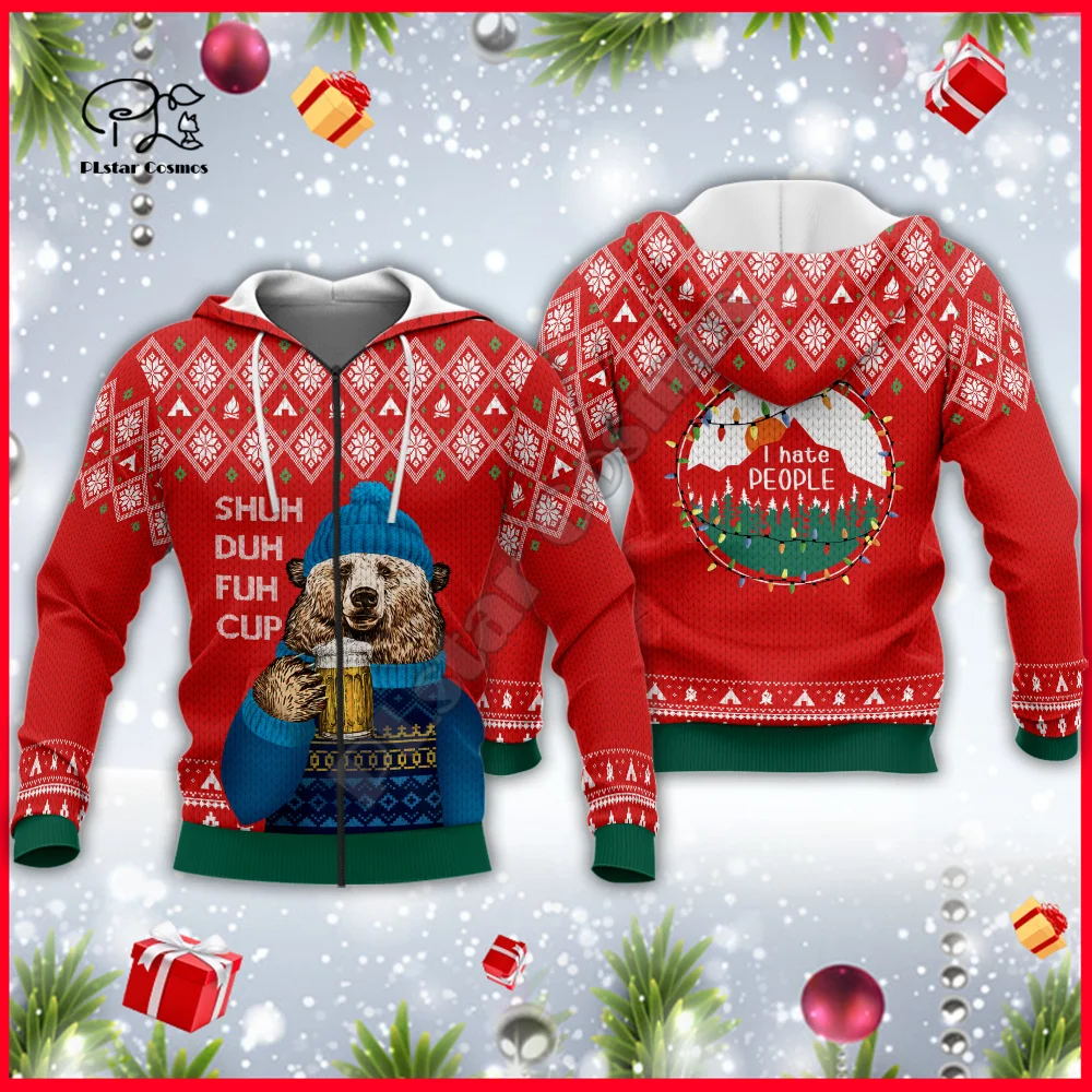 PLstar Cosmos I Hate People Bear Christmas Xmas Pullover Colorful 3DPrint Men/Women Harajuku Funny Jacket Casual Zip Hoodies A7