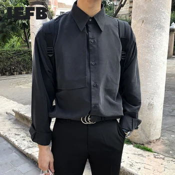 

IEFB /men's clothing Korean long-sleeved shirts Non-ironing casual split patch turn down collar single breasted tops autumn new
