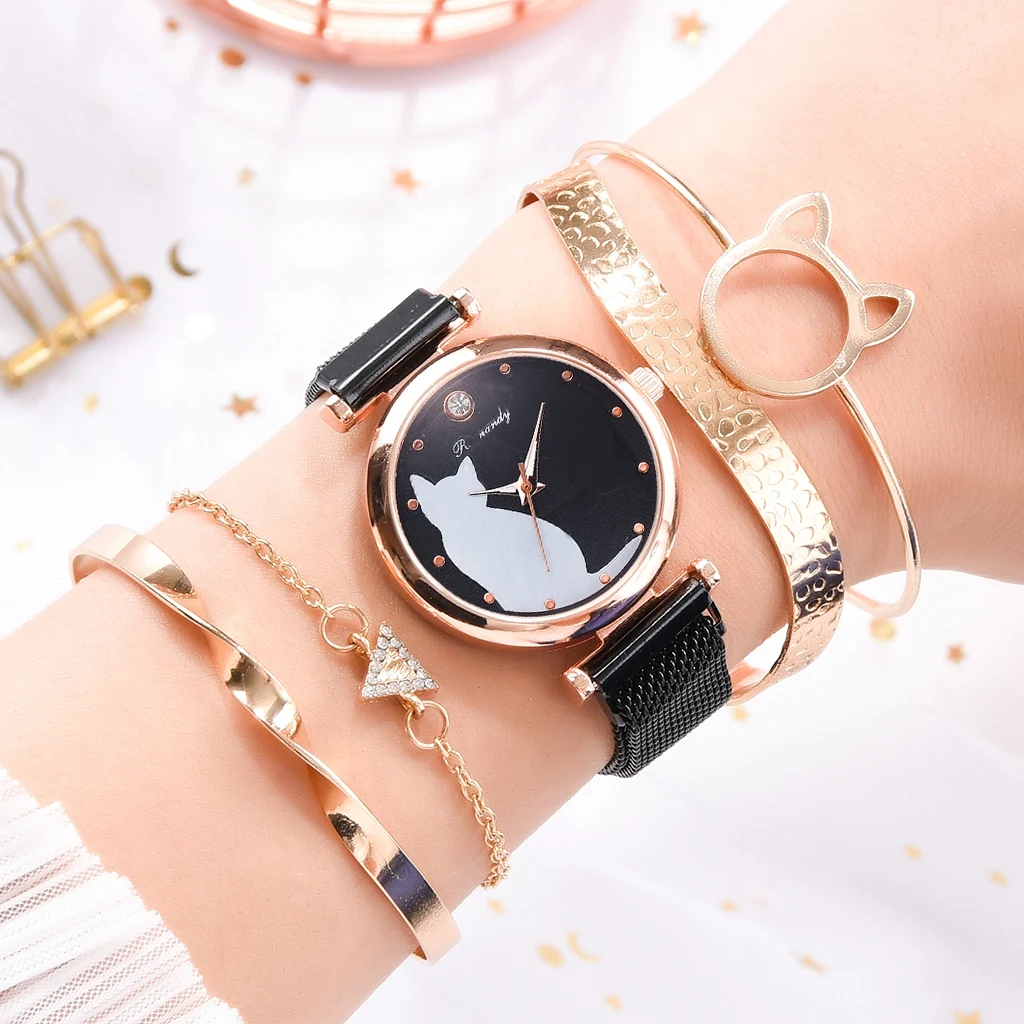 Fashion Watch Set Women 5pcs Quartz Wristwatch Mesh Bracelet Cat Dial Luxury Woman Watch Casual Ladies Clock Relogio Femenino