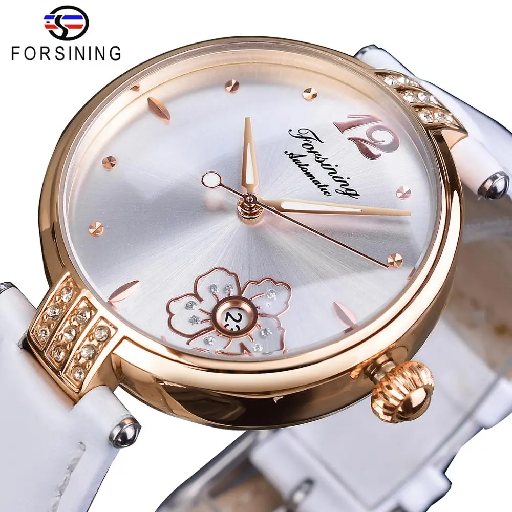 

Forsining Women New Fashion Diamond Flower Design White Automatic Watch Genuine Leather Band Waterproof Luminous Hand Date Clock