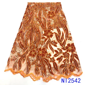 

Burnt Orange Velvet Lace Fabric High Quality Party Dress African Sequins Tulle Lace Fabric For African Nigeran Wedding NI2542