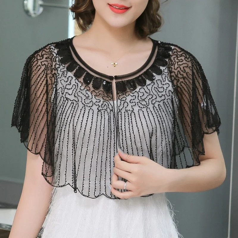 

Free Size Sequined Summer New Arrival Beaded Women Wedding Wedding Cape Red Beige Pink Blue White Black Bolero Cloak Shawl