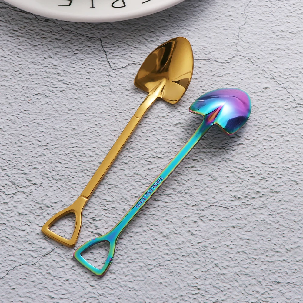 Нержавеющая сталь Лопата Форма ложка для мороженого для девочек; Разноцветные длинные ручки Кофе суп, чай, ложки, вилки, Кухня аксессуар столовые приборы