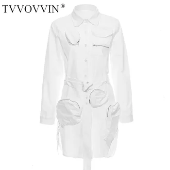 

TVVOVVIN Suit-dress Lapel Pocket Empire Irregular Mid-Calf Patchwork Decoration Solid Color White Long Sleeve Shirt Dress L328